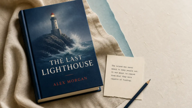 Blue hardcover book titled The Last Lighthouse by Alex Morgan rests on a beige cloth, with a note card and pencil beside it.
