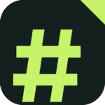 Bright lime green hashtag icon on a dark rounded-square background.