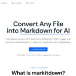 Hero banner: Convert any file into Markdown for AI with a blue underline accent and supporting text below on a Markitdown page