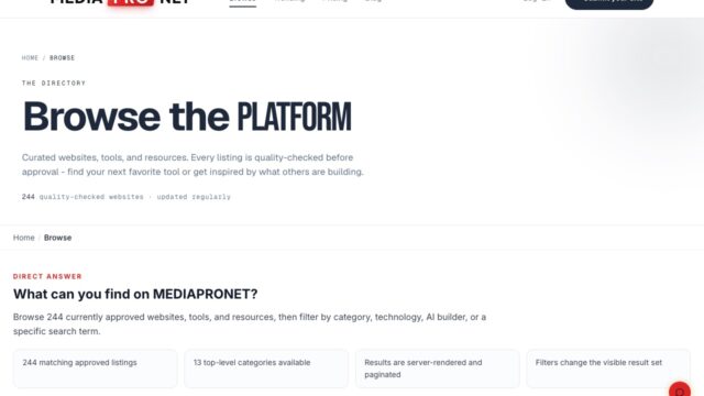 Hero section of MediaProNet Browse page with the large 'Browse the PLATFORM' headline and descriptive subtitle about curated websites and resources.