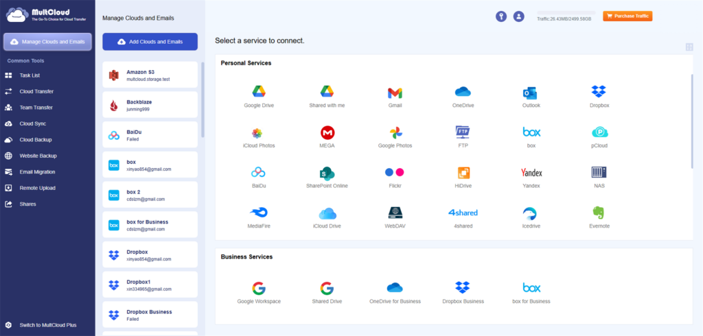 MultCloud dashboard: left navigation menu and a grid of cloud service icons to connect (Google Drive, Gmail, OneDrive, Dropbox, Box, iCloud, MEGA, FTP, pCloud, Yandex, NAS, etc.).