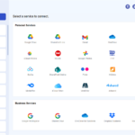 MultCloud dashboard: left navigation menu and a grid of cloud service icons to connect (Google Drive, Gmail, OneDrive, Dropbox, Box, iCloud, MEGA, FTP, pCloud, Yandex, NAS, etc.).