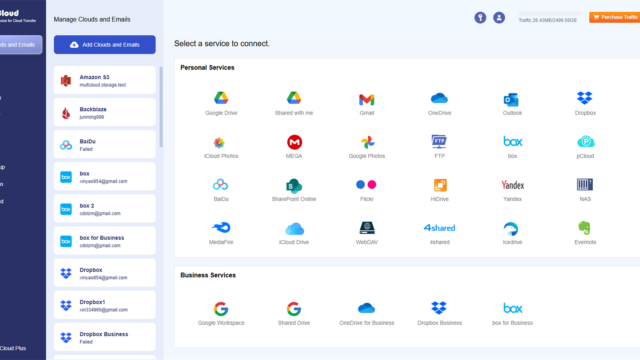 MultCloud dashboard: left navigation menu and a grid of cloud service icons to connect (Google Drive, Gmail, OneDrive, Dropbox, Box, iCloud, MEGA, FTP, pCloud, Yandex, NAS, etc.).