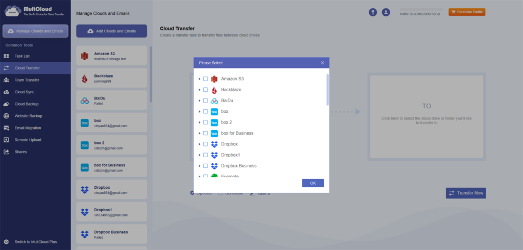 Modal titled 'Please Select' with a list of cloud drives (Amazon S3, Backblaze, Baidu, Box, Dropbox, Dropbox Business, Evernote, etc.) for transfer.