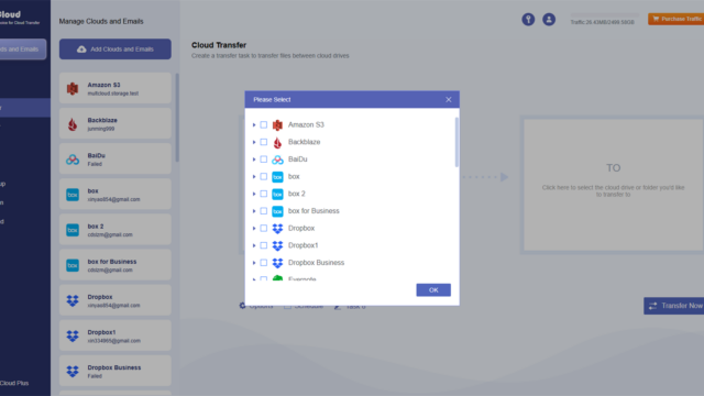 Modal titled 'Please Select' with a list of cloud drives (Amazon S3, Backblaze, Baidu, Box, Dropbox, Dropbox Business, Evernote, etc.) for transfer.
