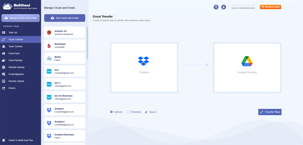 MultCloud Cloud Transfer dashboard with Dropbox on the left and Google Drive on the right for transferring files.