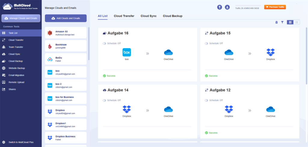 MultCloud dashboard: cloud transfer tasks with cards for Aufgabe 16 and 15 showing Box to OneDrive and Dropbox icons on a light blue interface