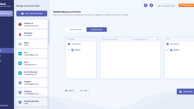 Dashboard view of MultCloud with left navigation pane and a Website Backup panel showing Website Clone tab and three columns: FROM, Source/Target, and TO.