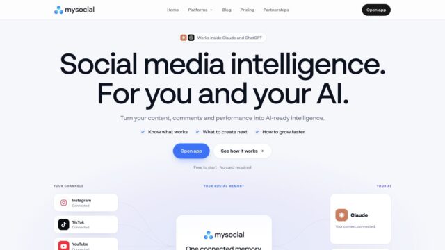 Hero section for Mysocial homepage with large headline 'Social media intelligence. For you and your AI.' and subheading inviting AI-powered insights, plus 'Open app' CTA area.