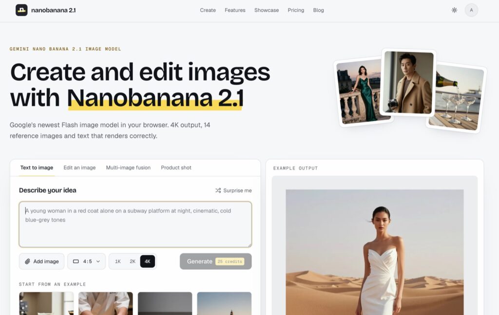 Hero banner for Nanobanana 2.1: 'Create and edit images with Nanobanana 2.1' with three Polaroid-style photos on the right.