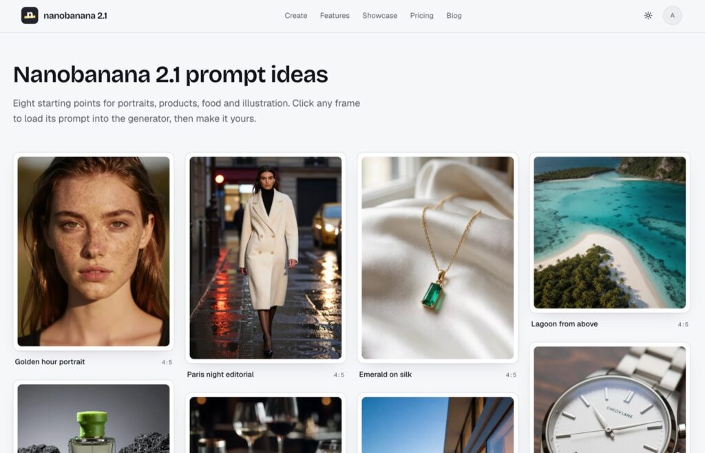 Screenshot of Nanobanana 2.1 prompt ideas page showing a gallery of eight image prompts with captions like 'Golden hour portrait' and 'Paris night editorial'