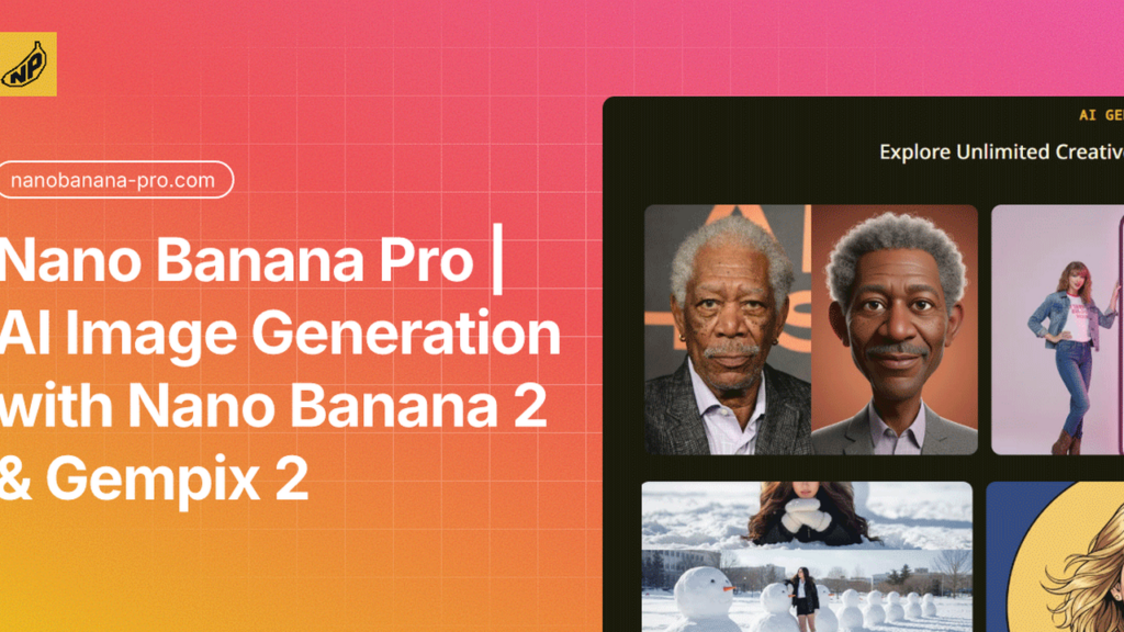 Gradient hero banner announcing Nano Banana Pro AI Image Generation; logo top-left and a dark right-side gallery of sample images.
