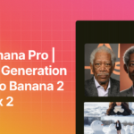 Gradient hero banner announcing Nano Banana Pro AI Image Generation; logo top-left and a dark right-side gallery of sample images.