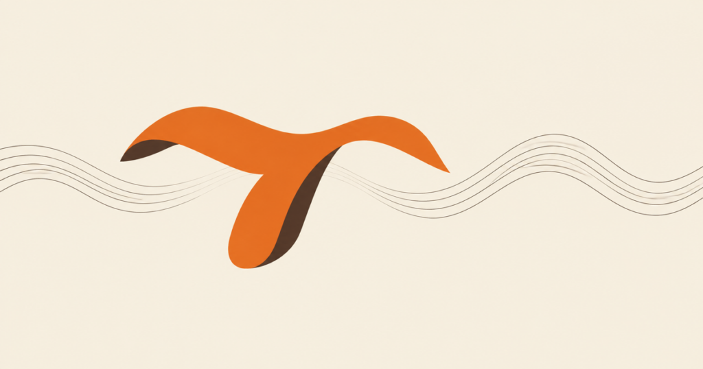 Decorative orange swoosh logo with a dark underside and flowing wave lines on a cream background.