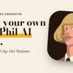 Promotional banner: bold text 'Make your own Jean Phil AI video' on beige background with a retro portrait on the right.