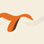 Decorative orange swoosh logo with a dark underside and flowing wave lines on a cream background.