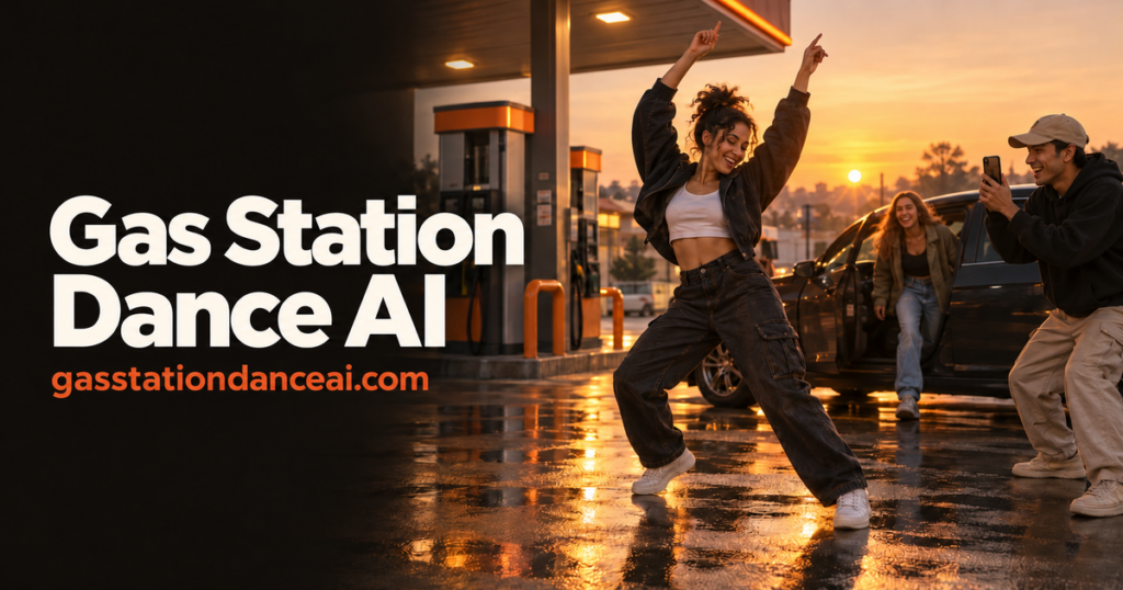 Dancers at a gas station at sunset, with bold 'Gas Station Dance AI' and gasstationdanceai.com on the left.