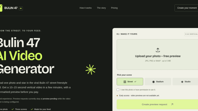 Dark landing page hero for Bulin 47 AI Video Generator with bold white and lime typography and an upload panel on the right.