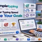 Advertisement for SimpleTyping showing a woman typing on a laptop with speed metrics (98% accuracy, 85 WPM, 05:00 time) and the slogan 'Improve Your Typing Speed: Achieve Your Goals'.