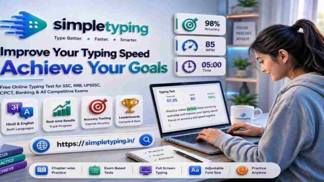 Advertisement for SimpleTyping showing a woman typing on a laptop with speed metrics (98% accuracy, 85 WPM, 05:00 time) and the slogan 'Improve Your Typing Speed: Achieve Your Goals'.