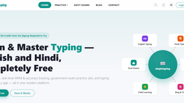 Hero section of SimpleTyping homepage with bold headline 'Learn & Master Typing' and a circular feature diagram.