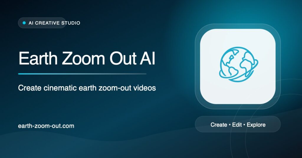 Hero banner for Earth Zoom Out AI with a globe icon on the right and the tagline 'Create cinematic earth zoom-out videos' on a blue gradient background.