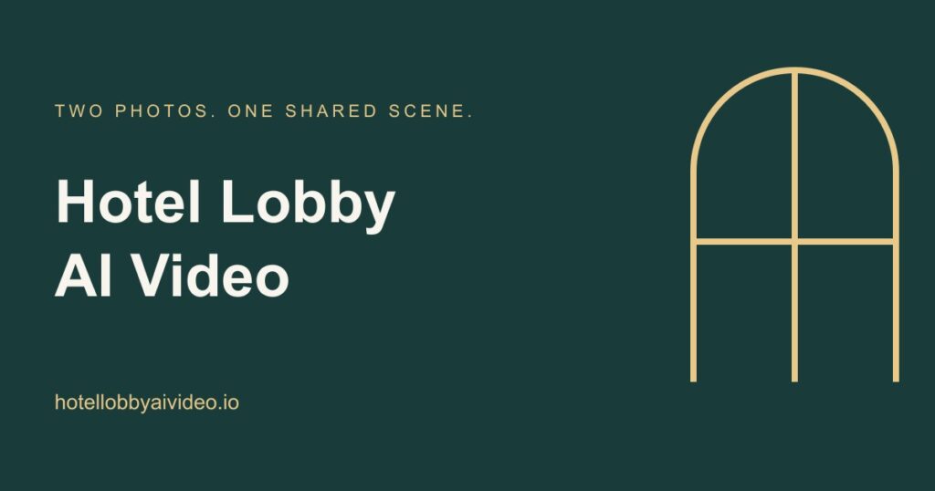 Promo banner: 'Hotel Lobby AI Video' with a gold arched window on teal background; hotellobbyaivideo.io
