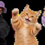 Man, cat, and young girl celebrate with raised fists and smiles.