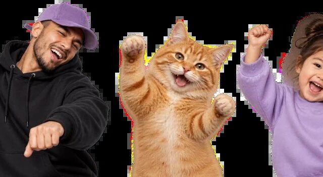 Man, cat, and young girl celebrate with raised fists and smiles.