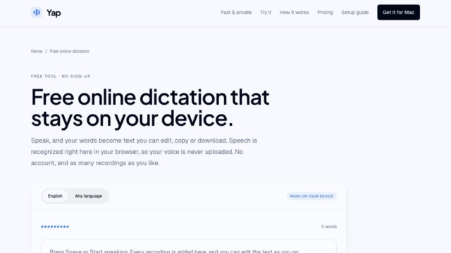 Hero section of Yap showing the headline: 'Free online dictation that stays on your device' with a top navigation bar, light background.