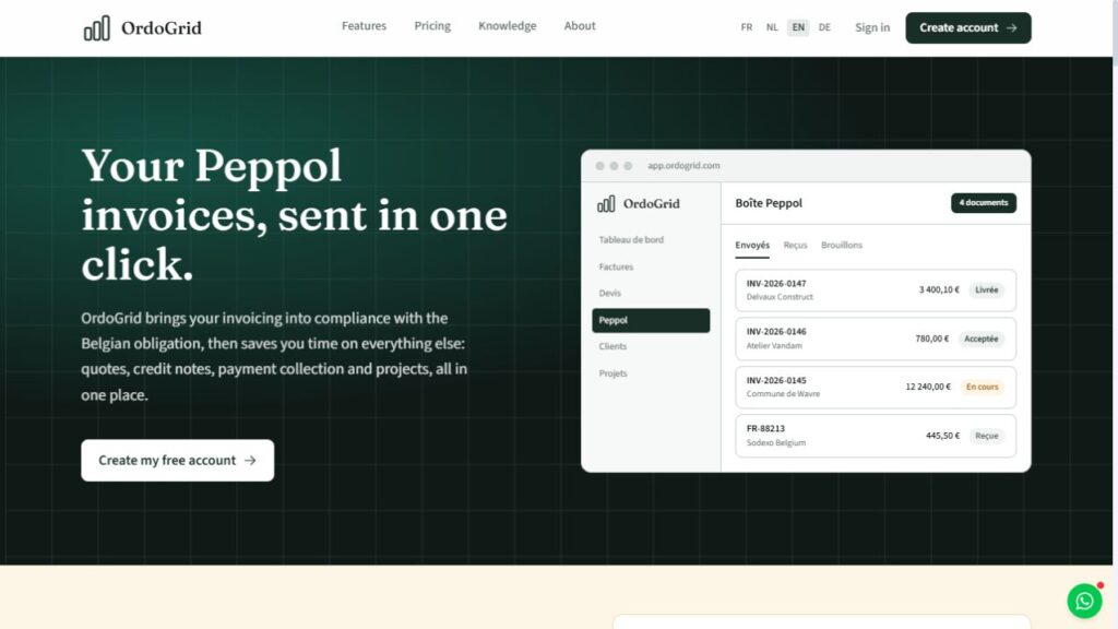 OrdoGrid hero section with a dark grid background, left-aligned headline about sending Peppol invoices in one click and a UI dashboard mockup on the right.