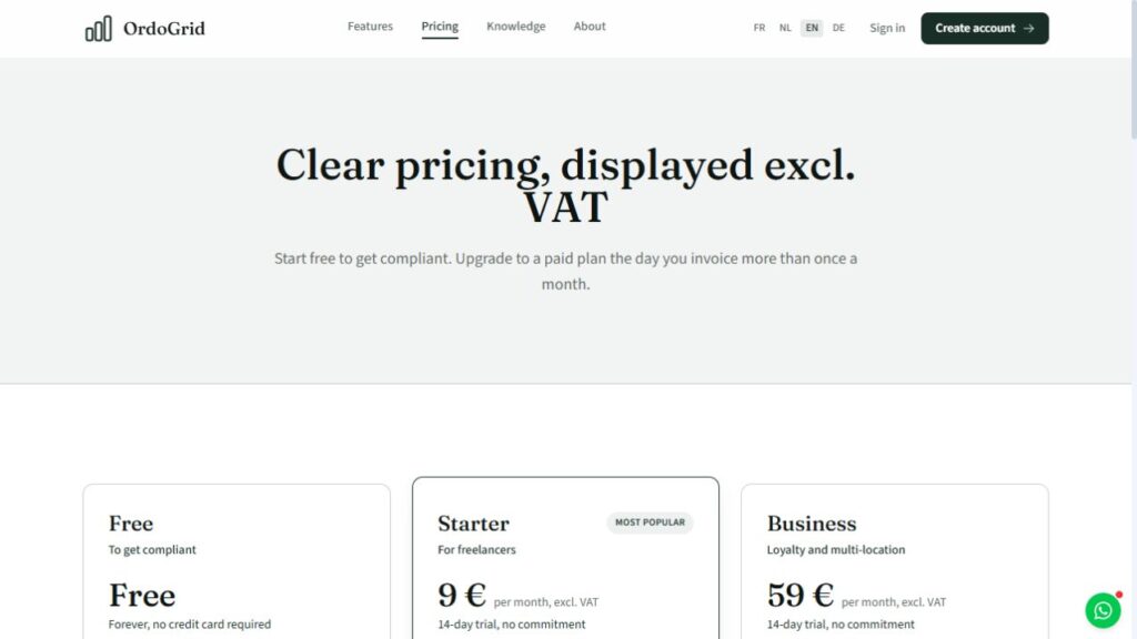 Clear pricing headline and three plan cards: Free, Starter, and Business on a pricing page.