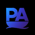 Blue gradient PA logo with a curved wave-like shape beneath the letters on a black background.