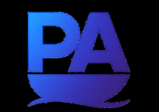 Blue gradient PA logo with a curved wave-like shape beneath the letters on a black background.