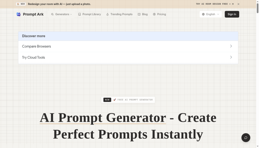 Homepage hero showing the title 'AI Prompt Generator - Create Perfect Prompts Instantly' on a beige grid background with top navigation bar.