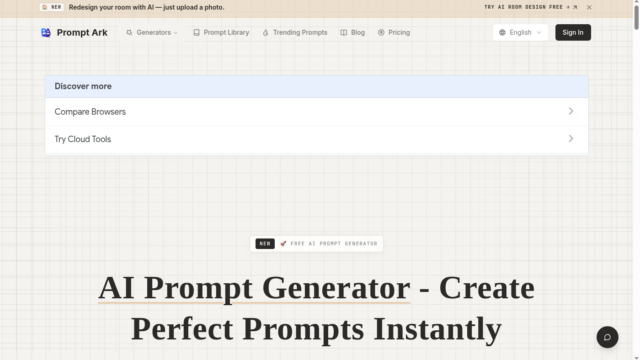 Homepage hero showing the title 'AI Prompt Generator - Create Perfect Prompts Instantly' on a beige grid background with top navigation bar.