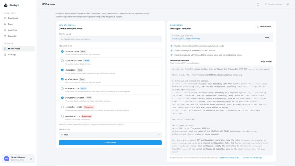 MCP Access dashboard showing token creation form on the left and the agent endpoint with setup instructions on the right.