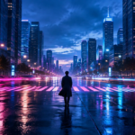 A person walking alone across a neon-lit city street at dusk, wet pavement reflecting colorful lights.