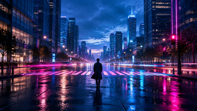 A person walking alone across a neon-lit city street at dusk, wet pavement reflecting colorful lights.