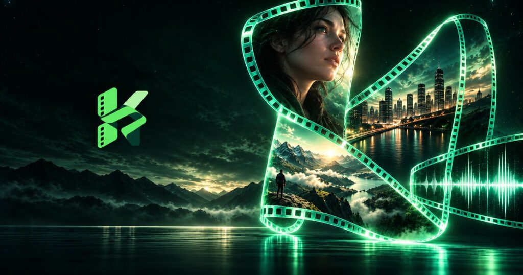 Neon film strip spirals around a woman's portrait, opening to a city skyline, mountains, and a lone hiker by a lake.