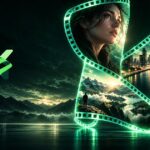 Neon film strip spirals around a woman's portrait, opening to a city skyline, mountains, and a lone hiker by a lake.