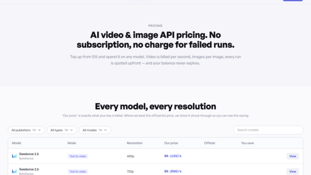 Pricing page hero: bold headline about AI video & image API pricing and no subscription, with a model pricing table below.
