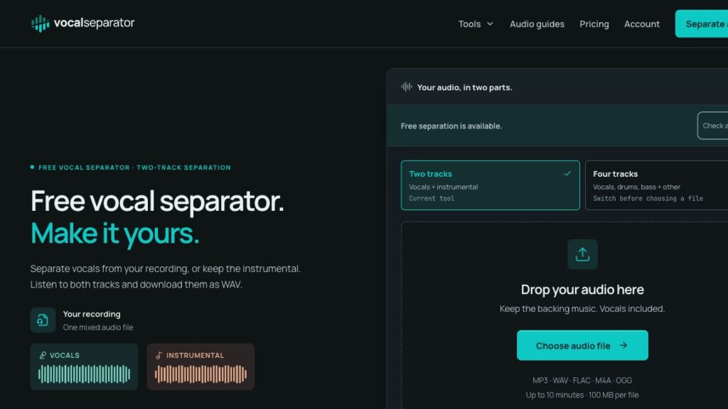 Hero section of Vocal Separator: bold headline 'Free vocal separator. Make it yours.' with teal accent text and two-track options at bottom left.