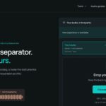 Hero section of Vocal Separator: bold headline 'Free vocal separator. Make it yours.' with teal accent text and two-track options at bottom left.
