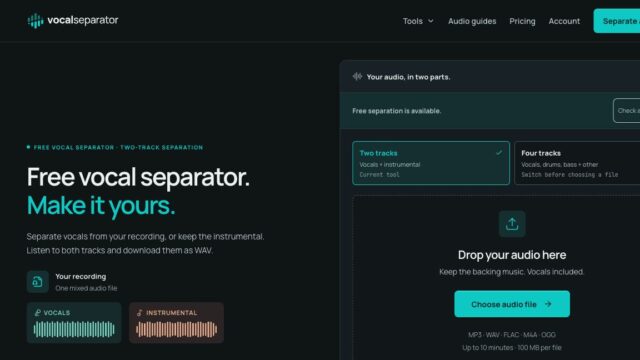 Hero section of Vocal Separator: bold headline 'Free vocal separator. Make it yours.' with teal accent text and two-track options at bottom left.