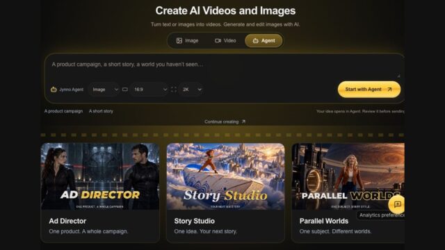 Dark AI video creator UI with three tiles: Ad Director, Story Studio, Parallel Worlds.