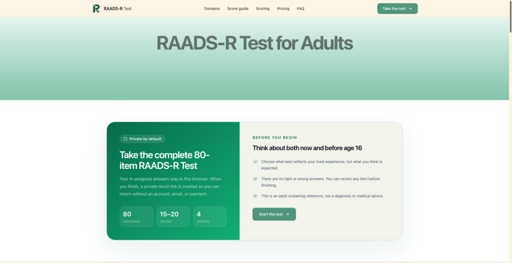 Hero header: RAADS-R Test for Adults with a teal gradient background implying an online test start screen.