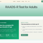 Hero header: RAADS-R Test for Adults with a teal gradient background implying an online test start screen.
