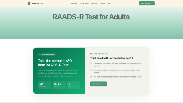 Hero header: RAADS-R Test for Adults with a teal gradient background implying an online test start screen.