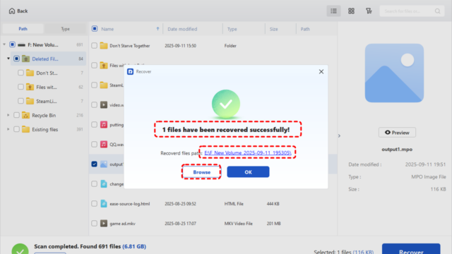 Recovery success dialog from MyRecover: 1 file recovered; shows the recovered file path with Browse and OK buttons available.